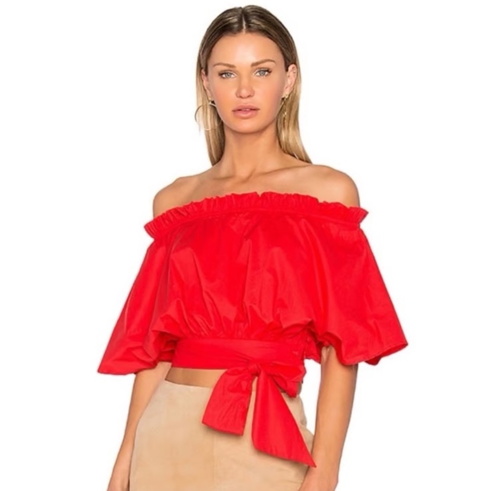Saloni red Drew off the shoulders crop top in Chili tie size 2 / UK 6